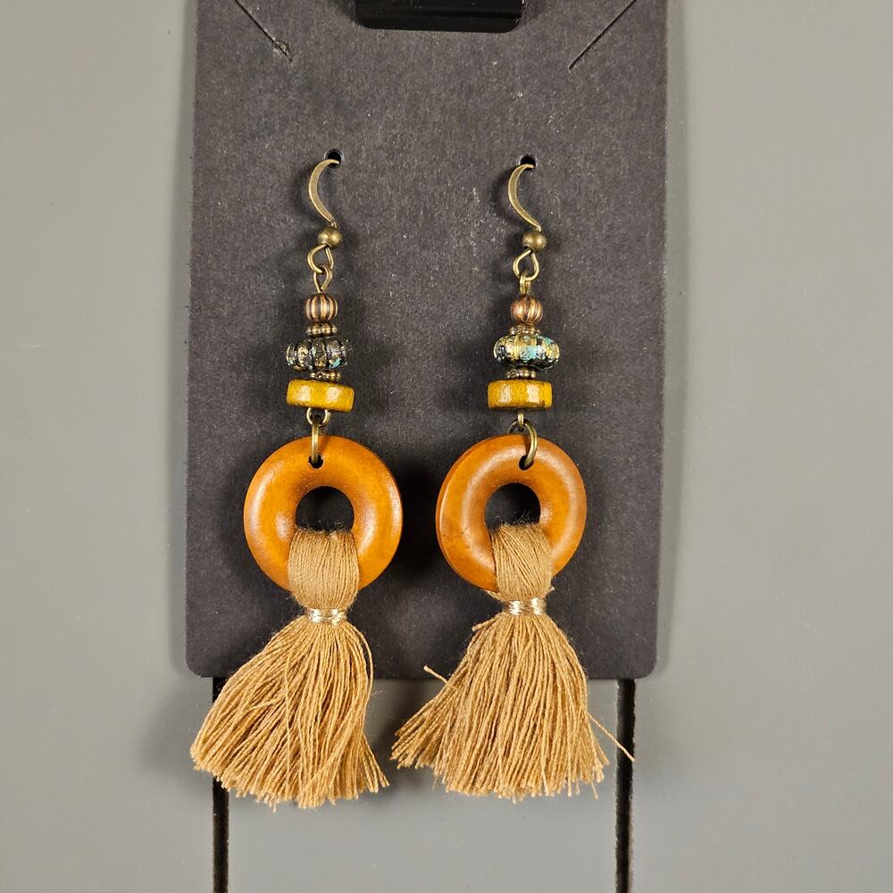 Boho Tassel Dangle Earrings Wood Bead Tan Fringe Drop Earrings 2.5” Brown